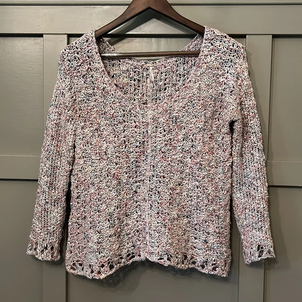 Free People Rainbow Speckle Open Knit Crochet Sweater Scoop Neck Cotton Size XS